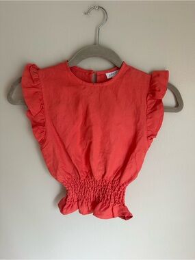 PLEAT Girls Smocked Waist Sleeveless Ruffle Linen Dressy Top Size 7 Coral NEW